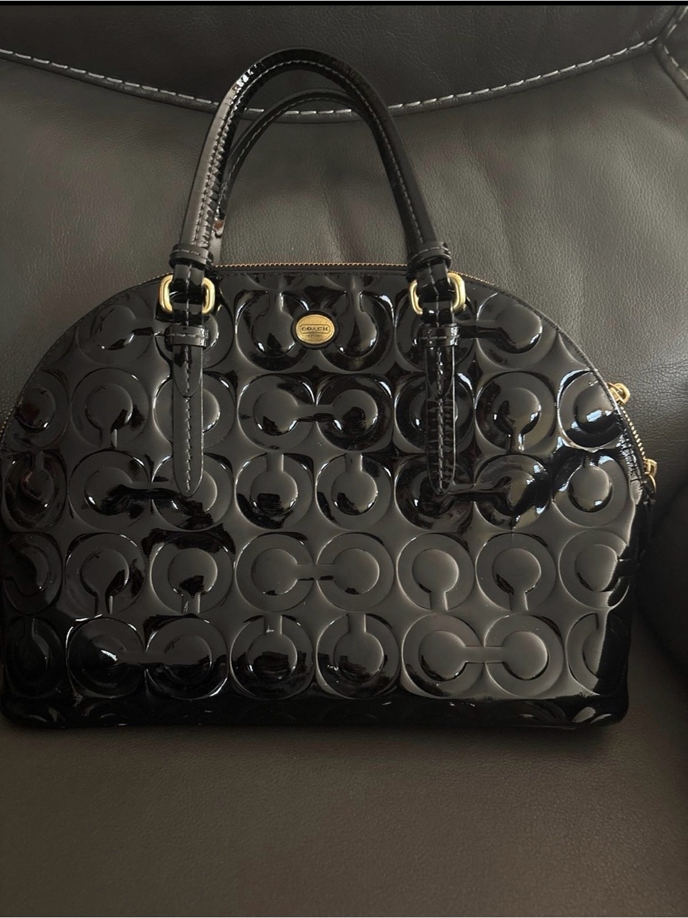 Coach Black Patent Signature Dome Satchel with Gold Hardware
